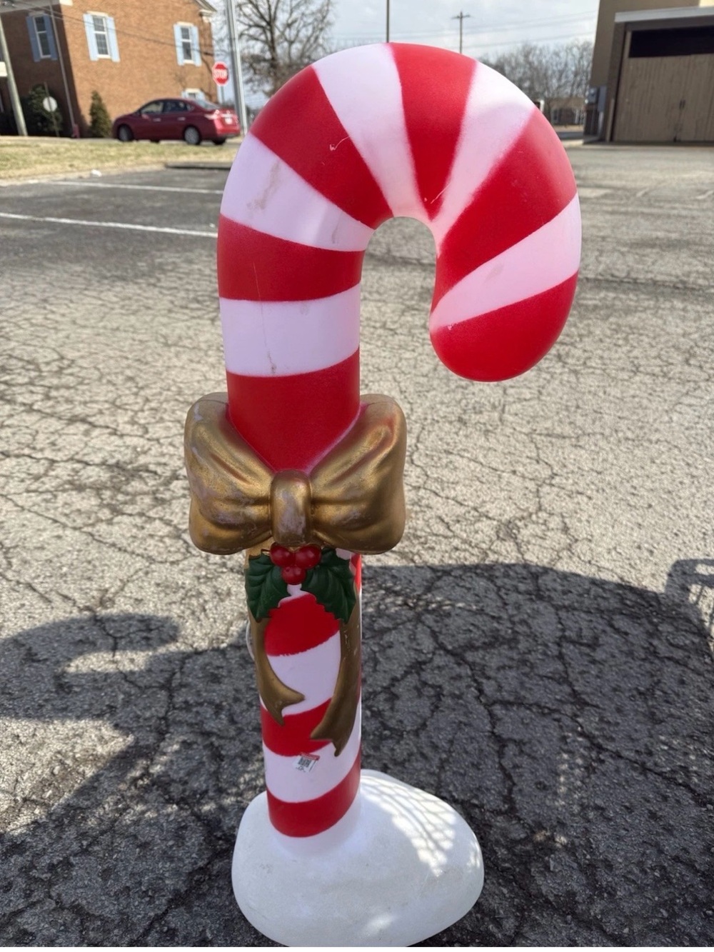 2 Vintage Blow Mold Christmas Red & White Candy Cane with Gold Bow